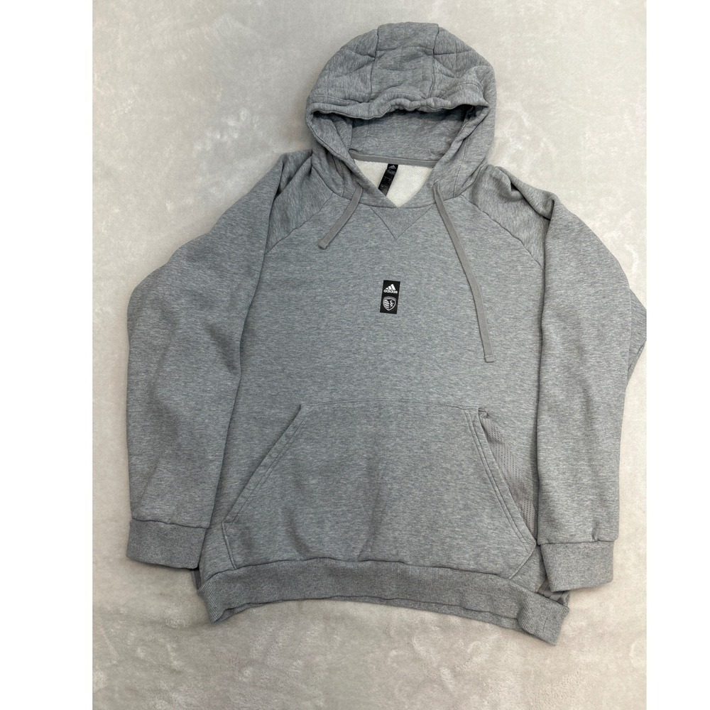 Adidas Sporting KC Hoodie L Grey Pullover Soccer MLS Striped Sportswear
